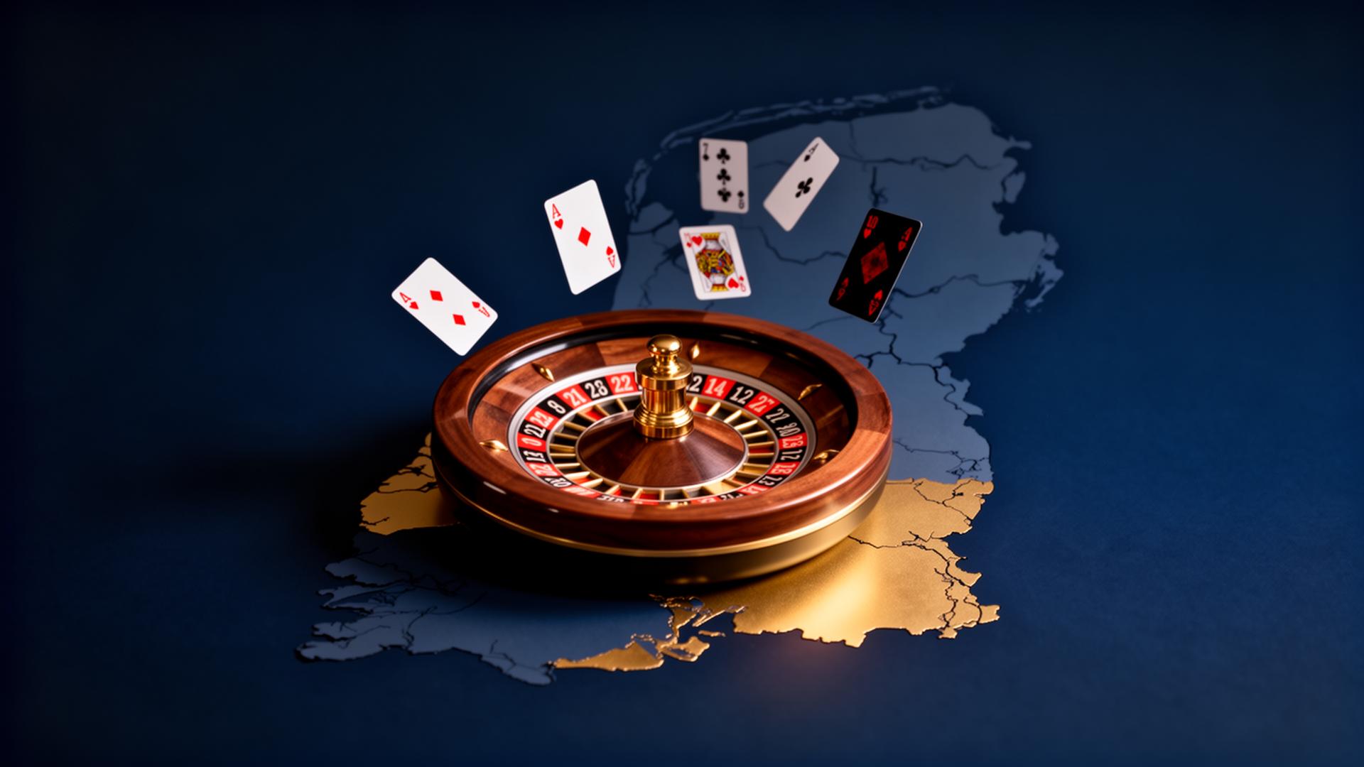 Stilistische weergave van de Nederlandse online casinomarkt met roulettewiel en speelkaarten boven een silhouet van Nederland